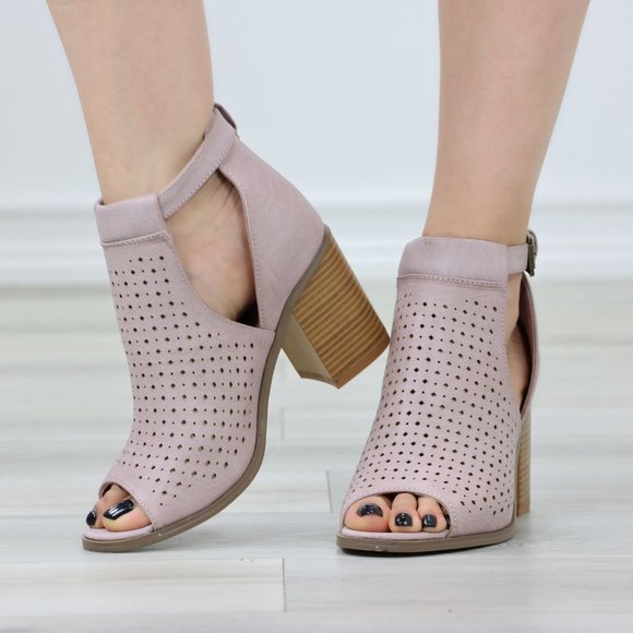 Peep Toe Mauve Faux Leather Heeled Ankle Booties - Picture 10 of 11